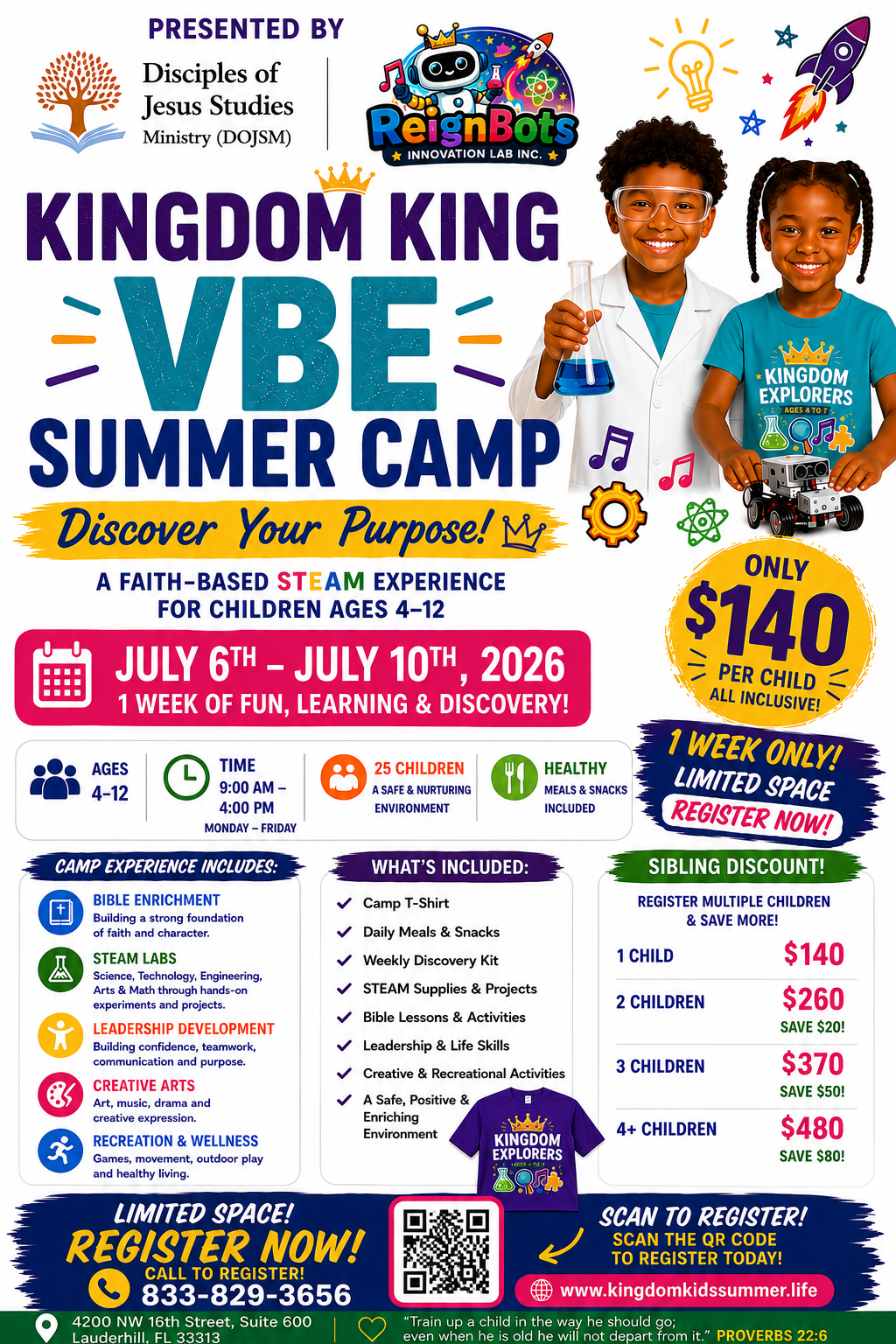 Kingdom King VBE Summer Camp flyer - July 6-10, 2026, ages 4-12, $140 per child, presented by Disciples of Jesus Studies Ministry and ReignBots Innovation Lab