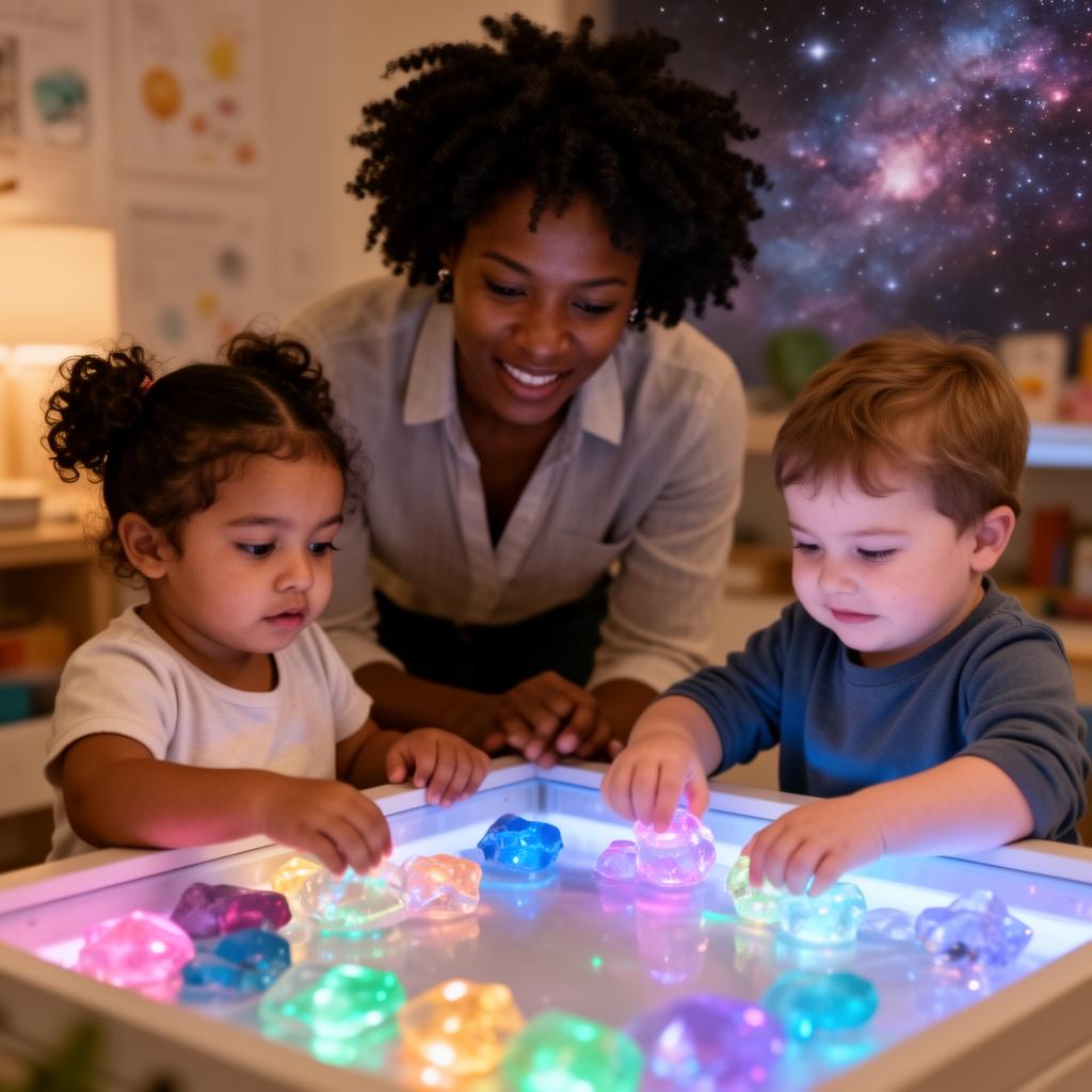 Children's hands playing with glowing STEAM materials