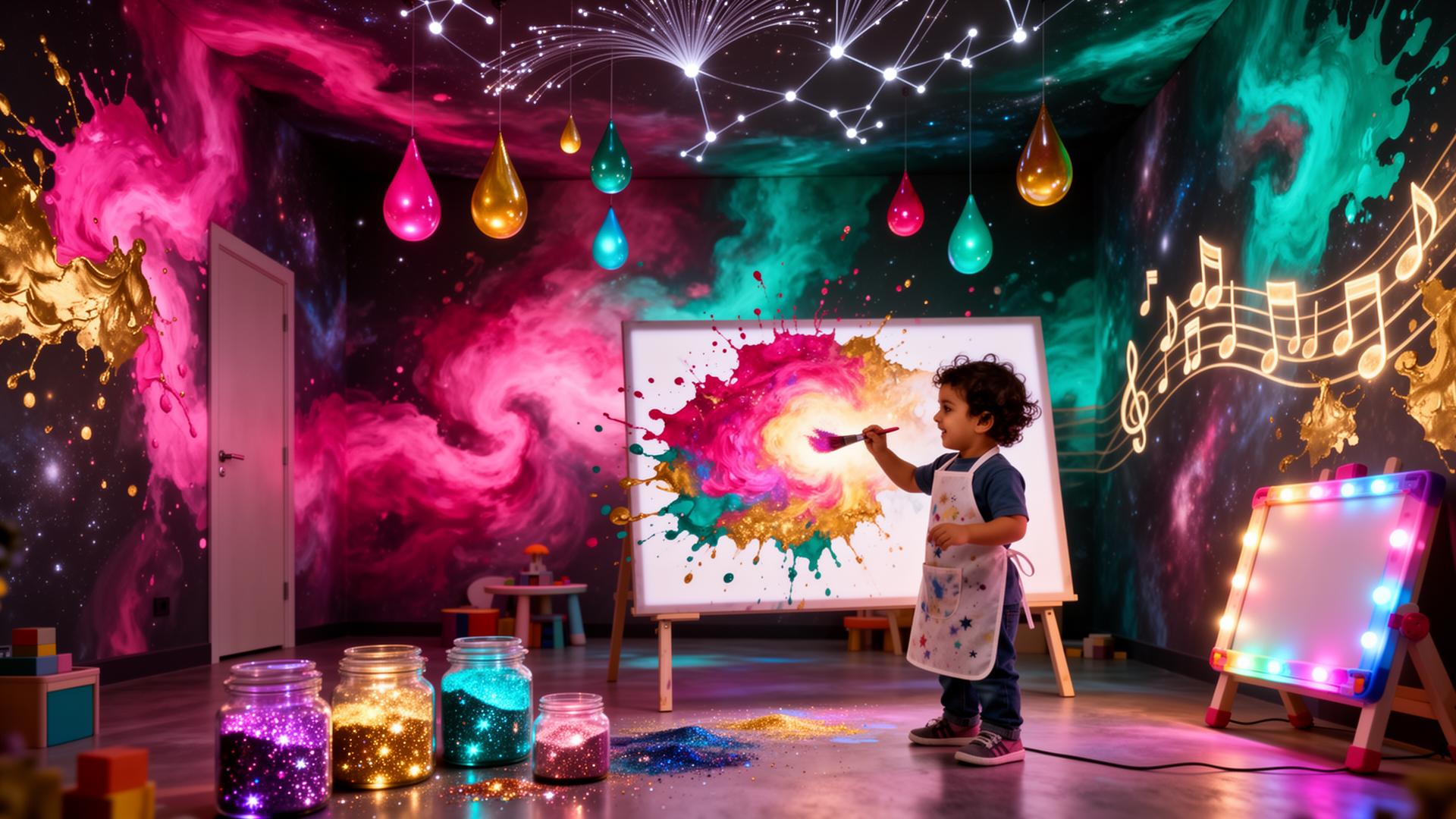 Art Astro Studio A cosmic art studio where toddlers paint nebulae on light-up canvases, sculpt with star-dust clay, and self-express through music notes that shimmer across the walls.