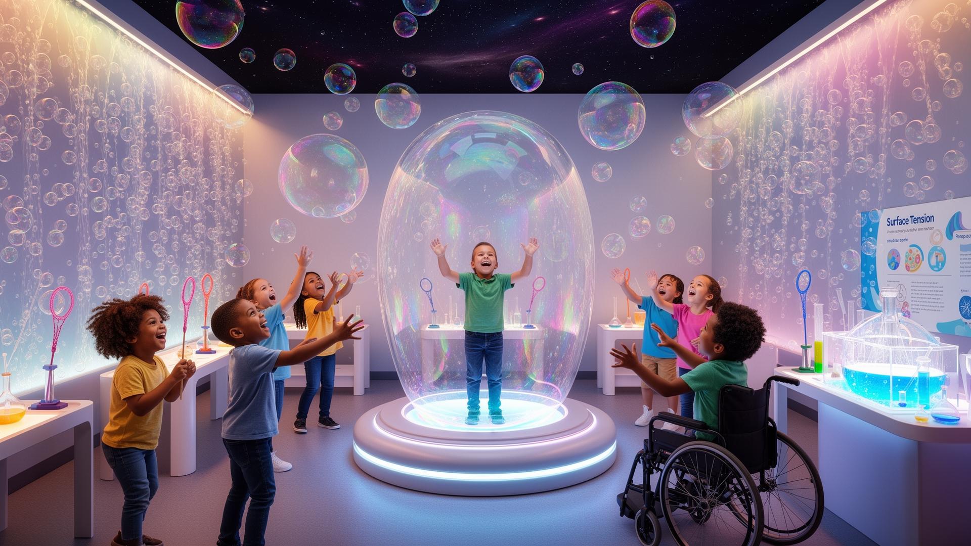 Bubble Lab An indoor bubble room where wonder meets the science of surface tension. Floor-to-ceiling bubble-machine walls, a central bubble-encapsulator platform where a child stands inside a giant bubble that rises around them, kid-height bubble-wand stations, and an illuminated bubble-mixing science table that teaches the chemistry behind the magic. STEAM at its most delightful.