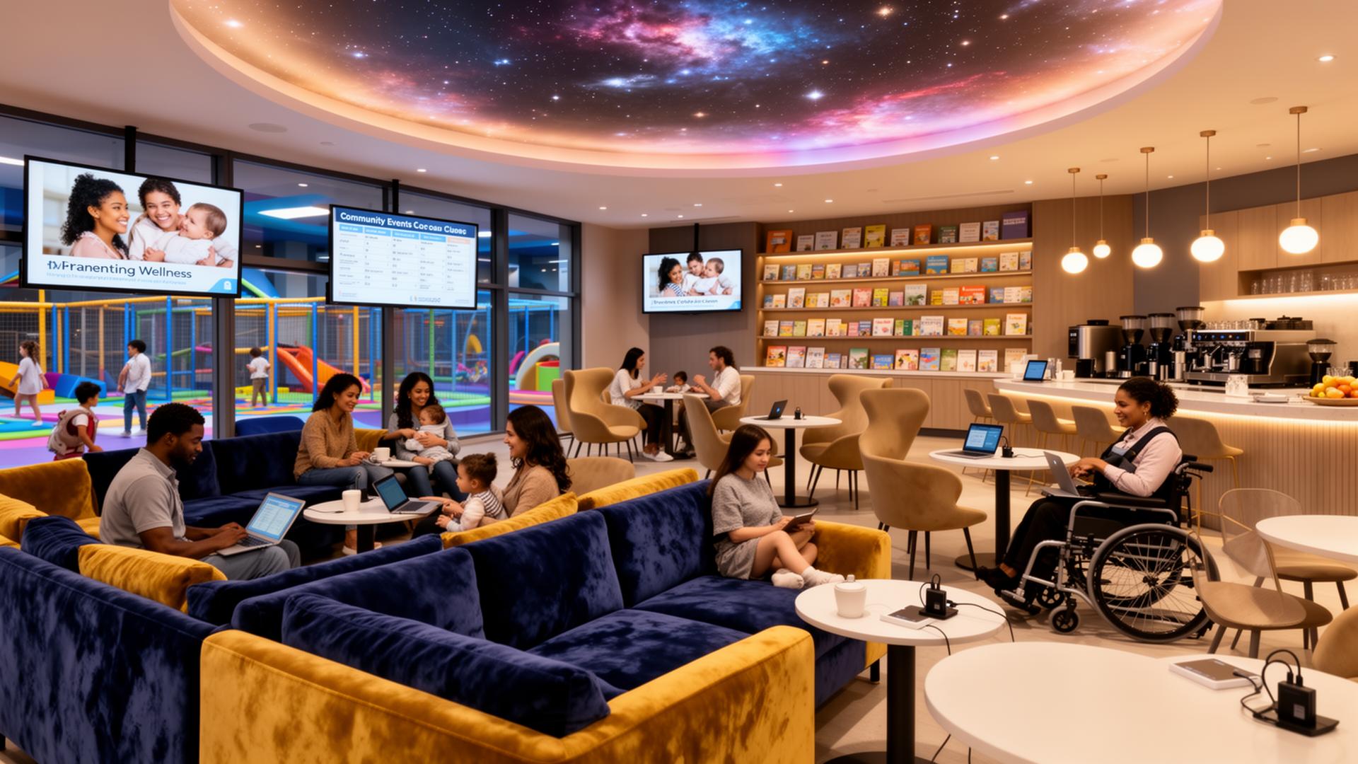 Caregiver Lounge A premium retreat designed for the adults who make every visit possible. Plush velvet sectionals, a barista-grade coffee bar, a quiet reading nook, dedicated laptop work tables with fast Wi-Fi and charging, a curated wall of parenting and child-development resources, and an ambient television corner for moments of pause all framed by a softly glowing cosmic dome view. Comfort, dignity, and space to breathe.