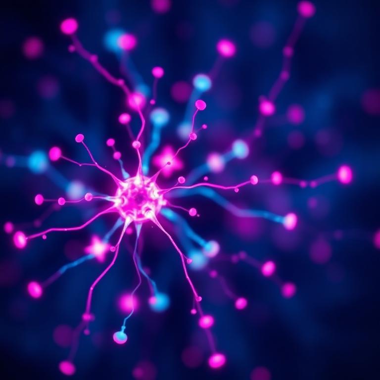 Glowing neural network of magenta and teal synapses against a deep cosmic background