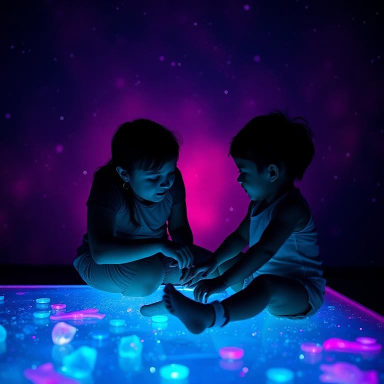 Caregiver and child silhouettes exploring a glowing prismatic light table together