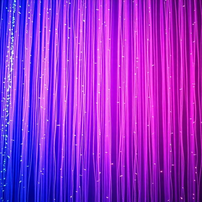 Cascading fiber-optic curtain of magenta and teal aurora light in a sensory-friendly space
