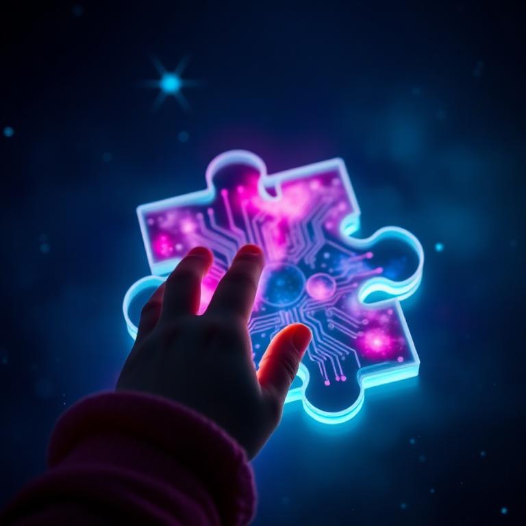 Toddler's hand reaching for a glowing translucent STEAM puzzle piece engraved with galaxy circuitry