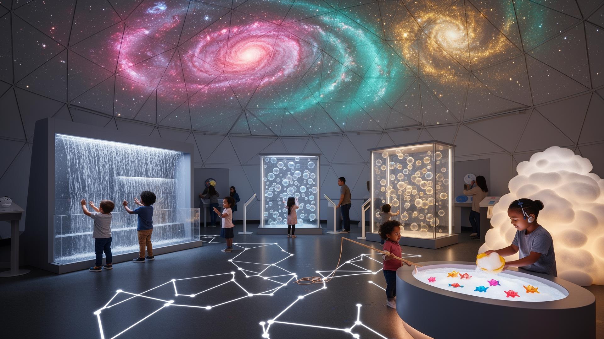 Inside the Galaxy Dome a children's museum experience with an interactive water table, illuminated bubble wall, glowing foam clouds, touch-responsive planets, and a living galaxy ceiling