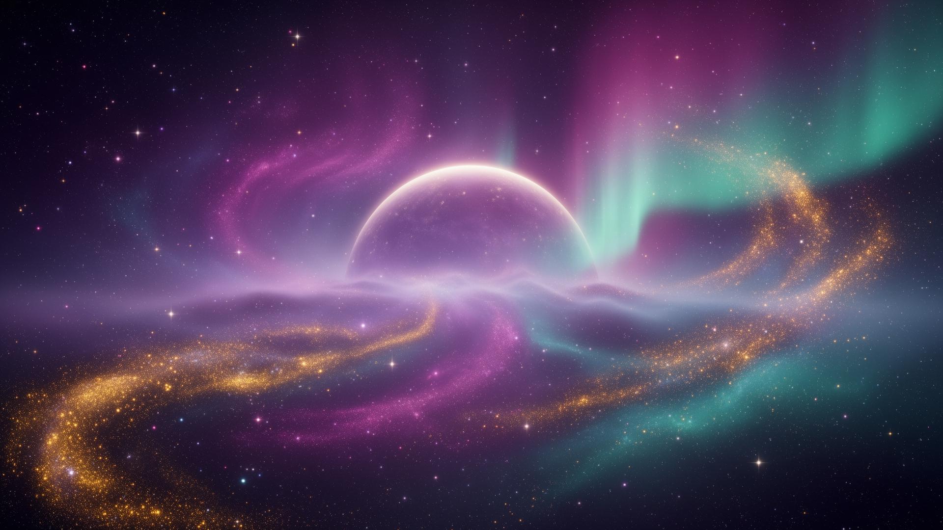 Glowing galaxy dome silhouette wrapped in aurora light and stardust, hinting at the Reignbots Galaxy STEAM Play Lab experience