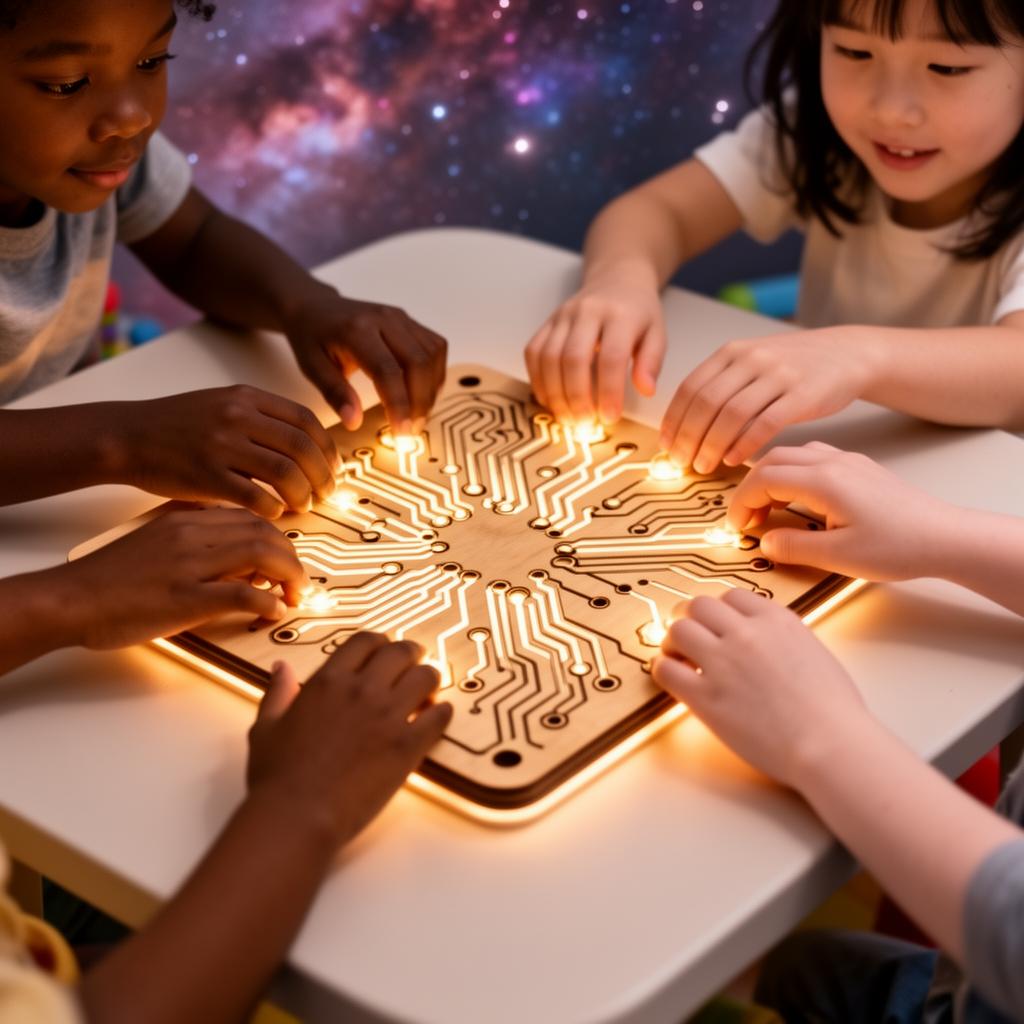 Small hands assembling a glowing circuit-engraved wooden STEAM puzzle