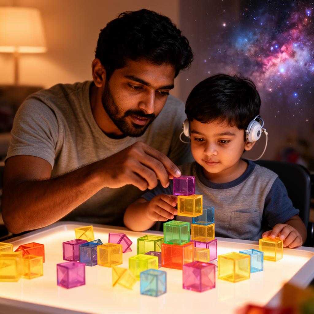 Caregiver and child building together with prismatic translucent blocks on a light table
