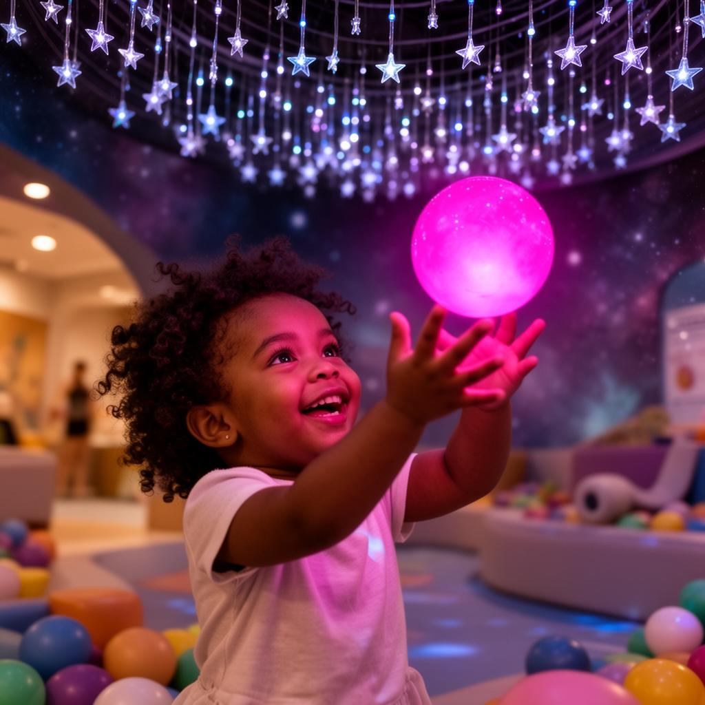 Toddler reaching toward a luminous magenta orb under a canopy of fiber-optic stars