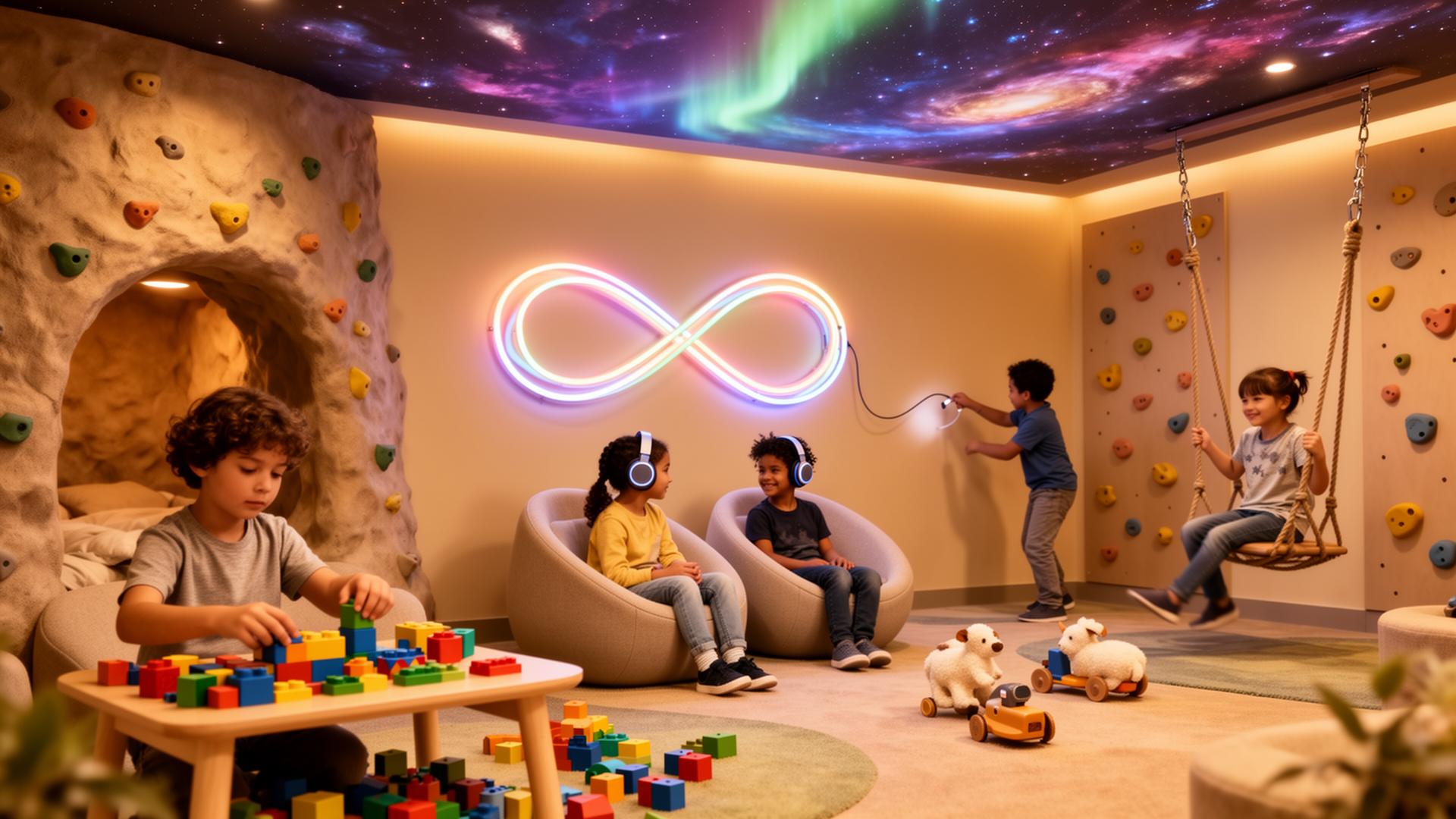 Infinity Lounge A welcoming retreat for every child designed with neurodivergent kids in mind, but open and inclusive to all. Not a sleeping room. Kids build with chunky tactile blocks, swing gently in pod chairs, climb a soft textured nook, trace an infinity light path on the wall, or settle into scoop seats with noise-reducing headphones. Calming-but-active, low-arousal but visually rich a place to regulate, recharge, and keep playing.