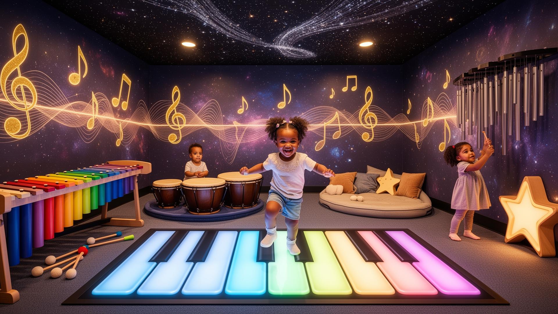 Music Cosmos A joyful musical universe built for our youngest. A giant walk-on floor piano with oversized illuminated keys, a rainbow xylophone with soft mallets, an oversized hand-drum circle, a wall of suspended chime tubes, and a cozy listening nook all under a starry ceiling of floating notes. Rhythm, melody, and movement that toddlers can feel.