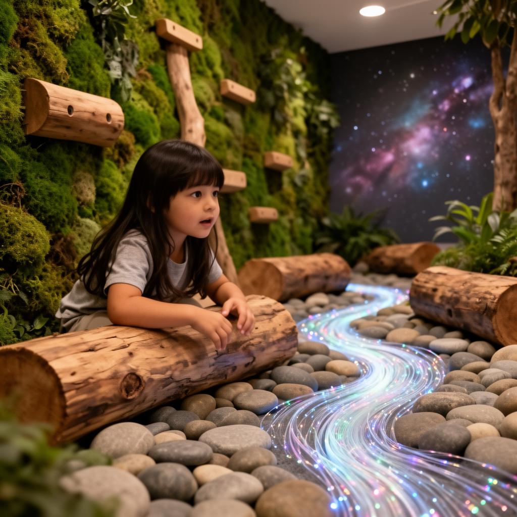 Nature Nebula A biophilic indoor ecosystem moss walls, river stones, wooden climbing logs, and a glowing fiber-optic stream. Where the natural world meets the wonder of the cosmos.