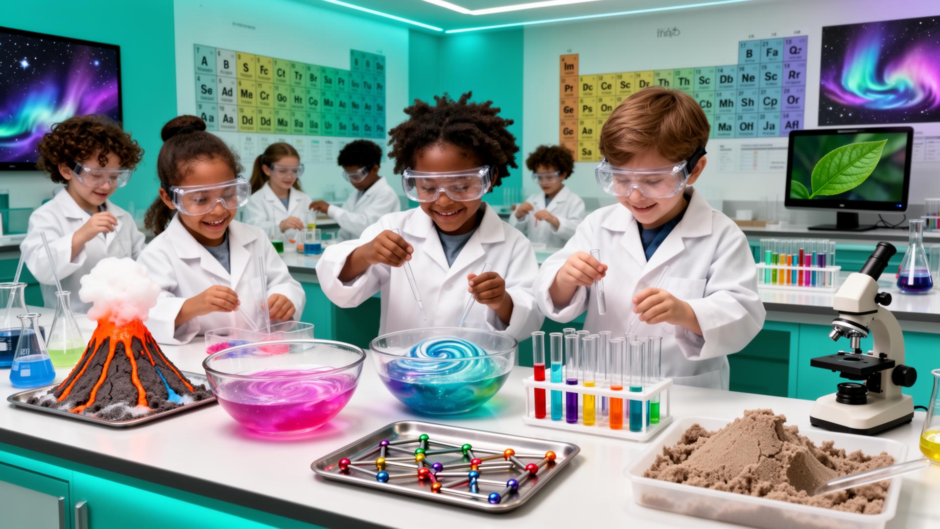 Little Scientists Lab Kid-sized lab coats, clear safety goggles, and real discovery. Erupting foam volcanoes, swirling non-Newtonian fluids, color-changing liquid experiments in test tubes, a magnetic exploration tray, kinetic-sand geology, and a kid-friendly microscope projecting onto a screen. Future scientists in their element.