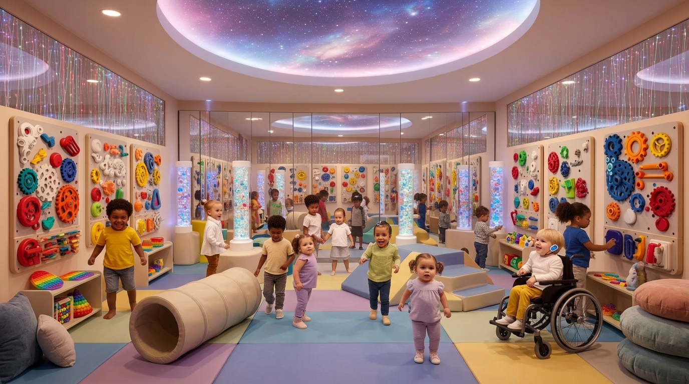 Sensory Cove Our safe, spacious, fully walkable sensory room designed for every child, including those who are neurodivergent and those who explore from a wheelchair. Tactile sensory boards line every wall at accessible heights, full-length mirror panels run the perimeter, and illuminated bubble tubes glow throughout the room. Everything inside is soft play: low foam climbing shapes, padded floor mats, cushioned crawl tunnels, plush sensory cushions, and portable sensory tools pop-its, tactile blocks, squishy fidgets on low reachable shelves. No trampolines. Wide pathways, soft surfaces, and inclusive design so every child can touch, explore, and stay on their feet (or roll right up) in confidence.