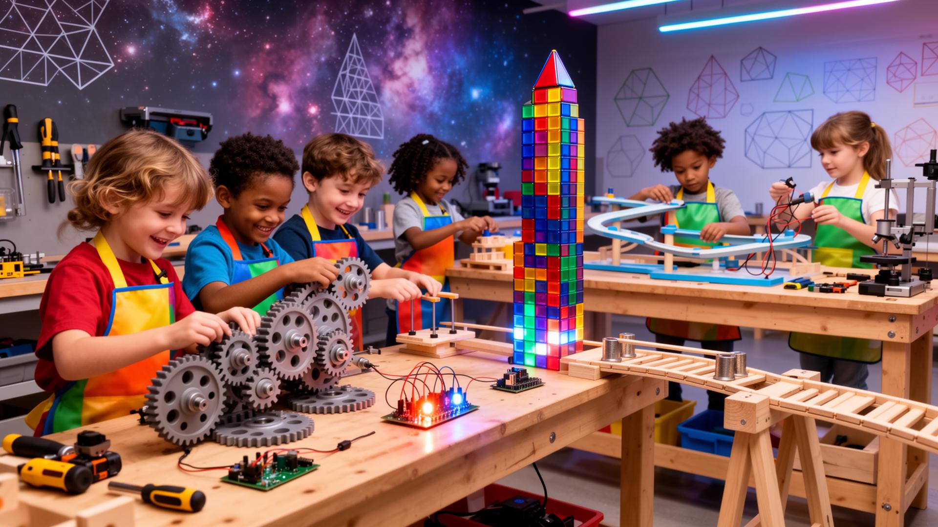 Maker Constellation A true hands-on engineering studio for our older makers. Kids in colorful aprons build gear-and-axle contraptions, assemble marble runs, snap together circuit boards that light up, raise magnetic-tile skyscrapers, and test wooden bridges they engineered themselves at a kid-height workbench with safe tools. Real building, real testing, real STEAM.