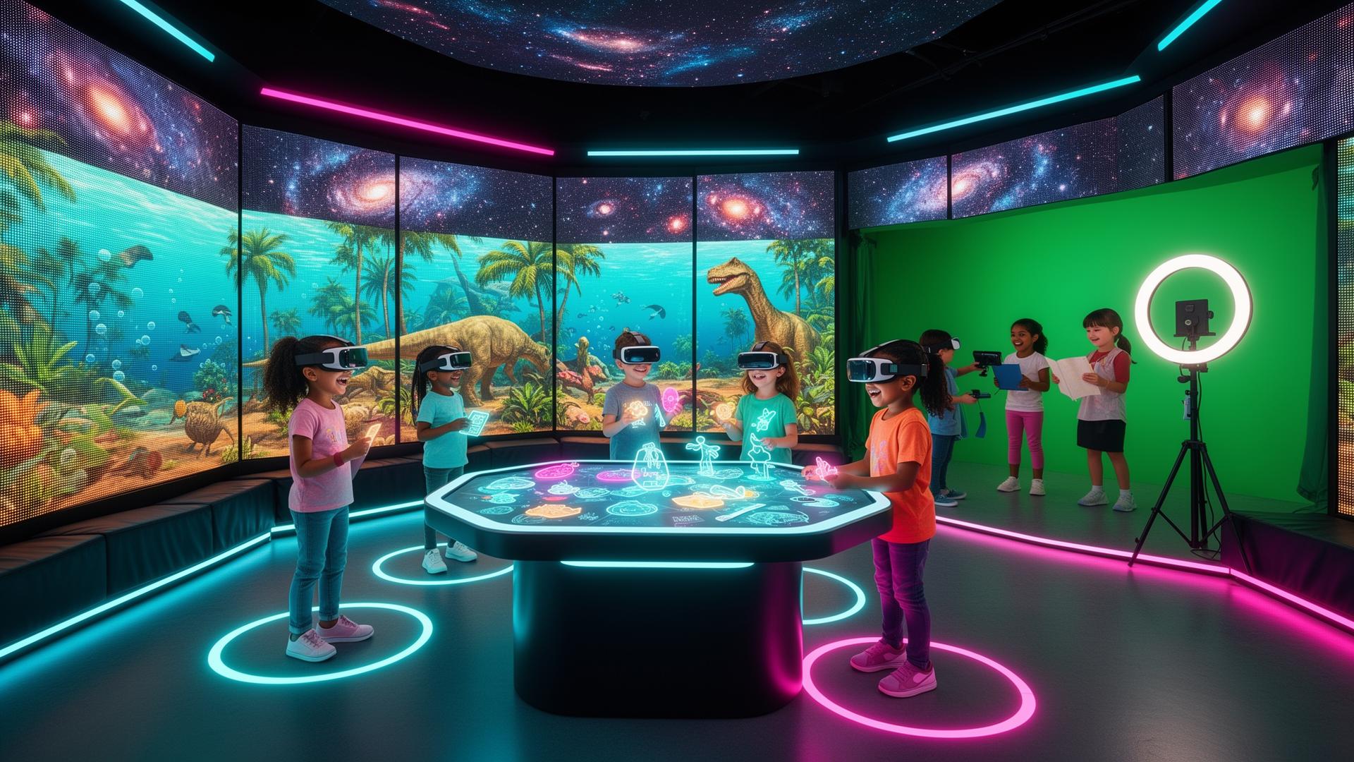 Metaverse Studio An immersive metaverse studio for our oldest learners. Kid-sized lightweight VR headsets, padded floor-circle story pods, floor-to-ceiling LED walls that travel from galaxies to underwater worlds to dinosaur jungles, a holographic story-building table, and a green-screen content-creator corner with kid-height camera and ring light. Where five- and six-year-olds become innovators, storytellers, and the next generation of content creators.